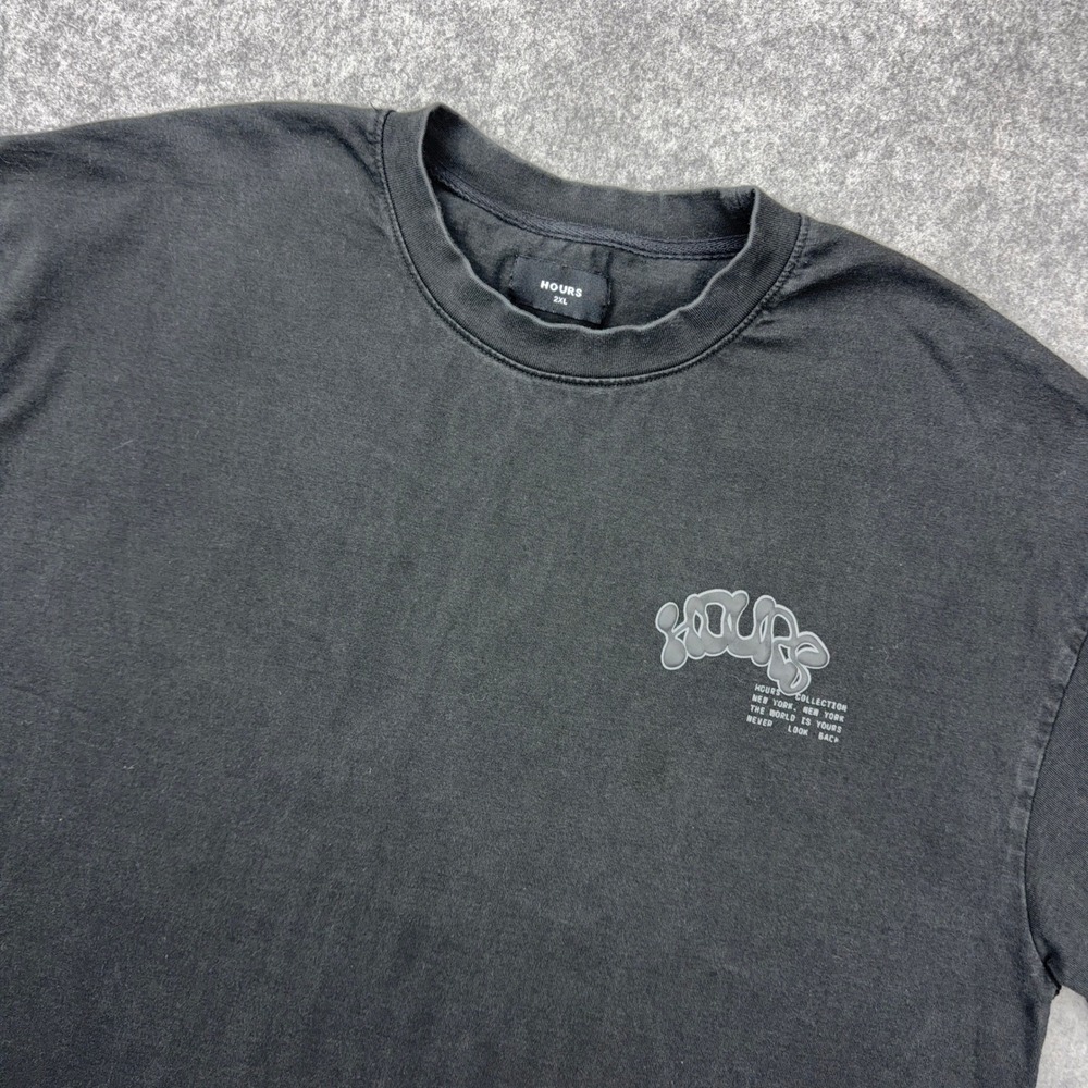 Hours T Shirt Mens 2XL Black Graffiti Puff Print Streetwear Cotton Boxy Street